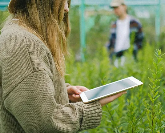 Mujer usando una tablet en un entorno agrícola
